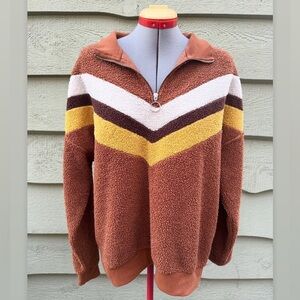 Brown Yellow & White Chevron Striped Fuzzy Quarter Zip Pullover